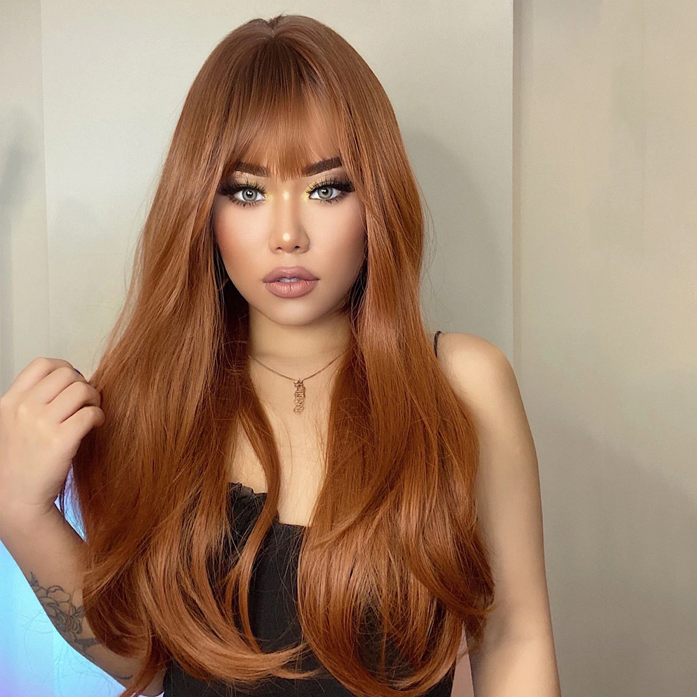 Straight Hair #30 Brown Machine Made None Lace Front Wig With Bangs Virgin Human Hair Wigs