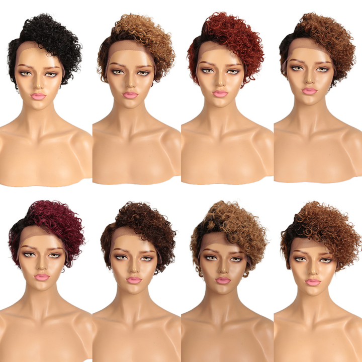 Peruca de cabelo cacheado ombre colorido T/99J curto corte pixie ou perucas pretas femininas 13x4x1 parte lateral 