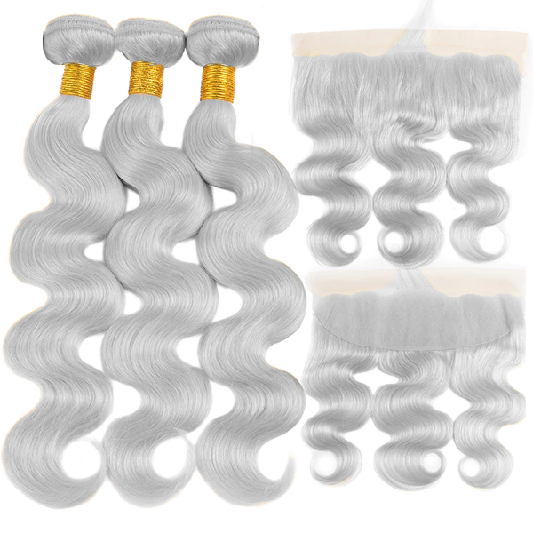 Cinza prateado onda corporal 3 pacotes com extensões de cabelo humano frontais de renda 13x4 