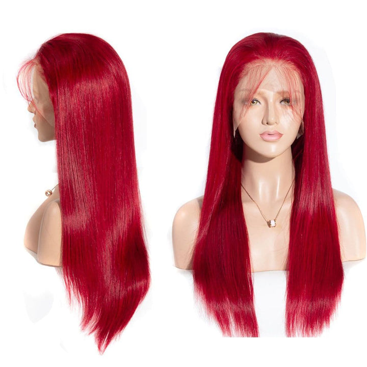 Peruca frontal de renda reta vermelha 100% cabelo virgem renda transparente com cabelo de bebê 