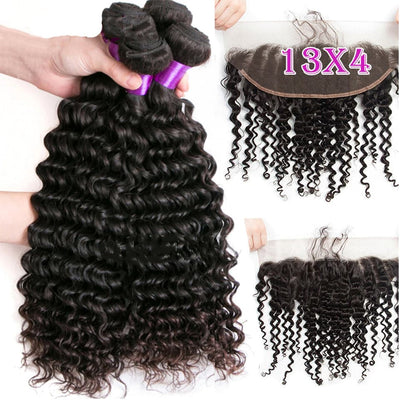 Deep Wave 100% Human Hair 4 Bundles With Frontal Brazilian Hair Weave 13x4 Transparent Lace