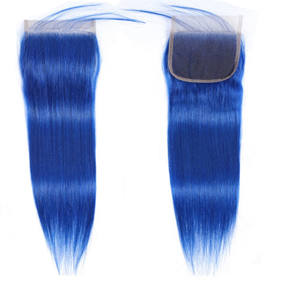 Klein Blue Colored Straight 3 Bundles with 4x4 HD Lace Closure Human Hair Extensions