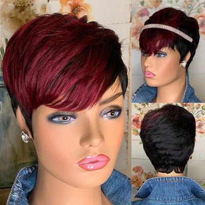 Lumiere 1B/99J Red Color Pixie Short Cut Bob Wigs for women human hair Brazilian Straight pixie cut wig human hair With Natural Bangs Full Machine