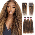 P4/27 Highlight Kinky Curly 3 Bundles With 4X4 Lace Closure