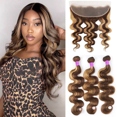 P4/27 Highlight Body Wave 3 Bundles With 13x4 Lace Frontal Human Hair
