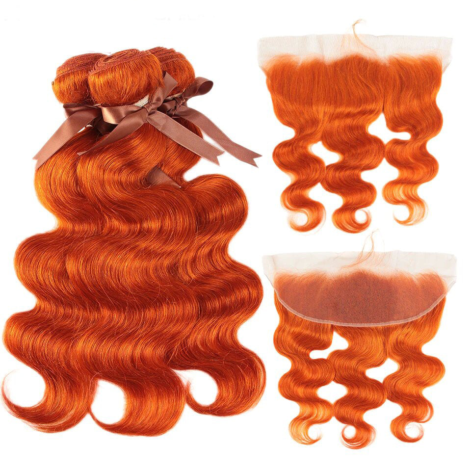 #350 Orange Color Body Wave 3 Bundles With 13X4 Lace Frontal Human Hair(No Code Need)