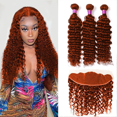 #350 Ginger Orange Deep Wave 3 Bundles With 13x4 HD Lace Frontal Human Hair