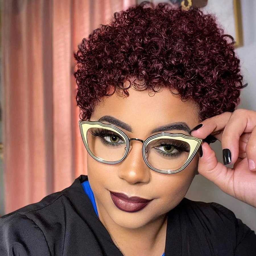 #99J Short Curly bob Pixie Cut 13×1 Lace Frontal Virgin Brazilian Human Hair 150% Glueless with Baby Hair Pre Plucked Wig