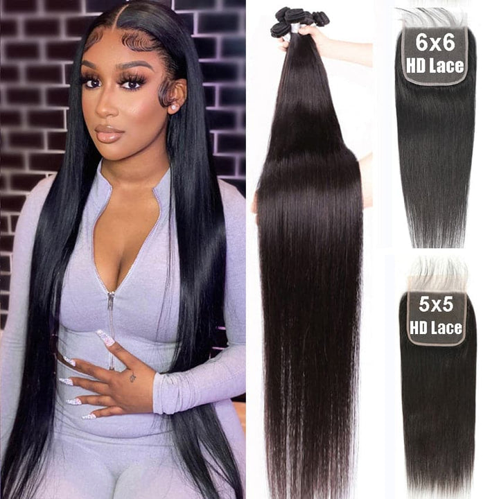 Straight 4 Bundles With Closure 5x5 6x6 dentelle 100% cheveux humains vierges 