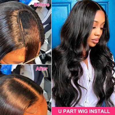 Body Wave U Part Black Brazilian Half Wig 150% Density Human Hair