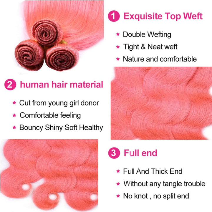 Vague de corps de couleur rose clair 3 faisceaux avec des extensions de cheveux humains à fermeture à lacet 4x4 HD 