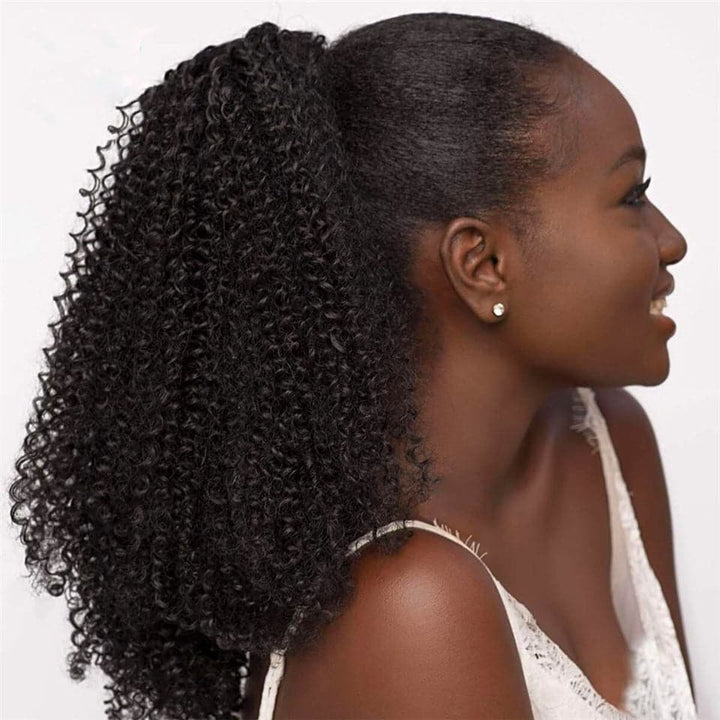 Extensões de cabelo humano afro encaracolado enrolado em torno de rabo de cavalo peruca de cor natural 