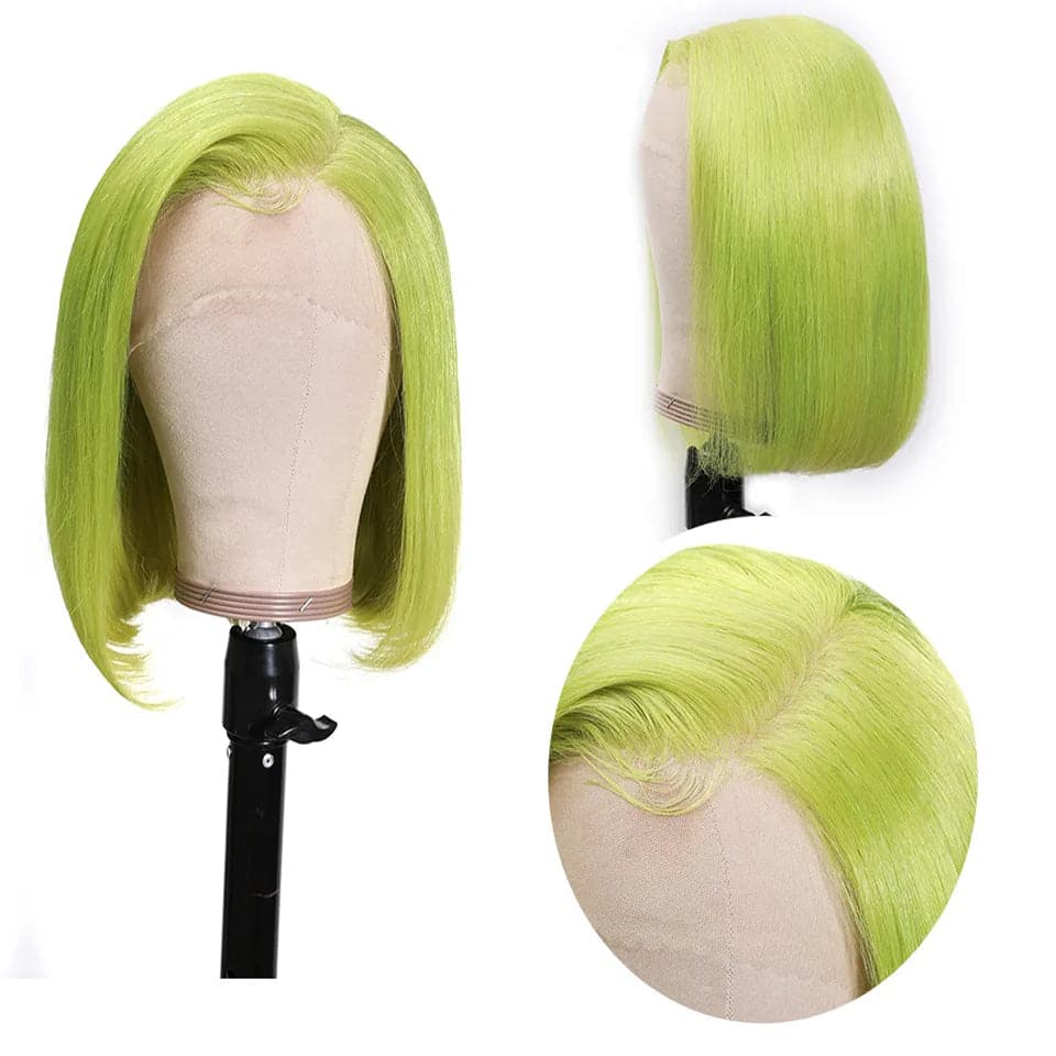 180% Density Fluorescent green Short Bob Lace Front Straight Human Hair Wigs Transparent Lace