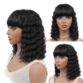 Deep Wave Bob Full Machine Made No Lace Wig With Bangs For Women