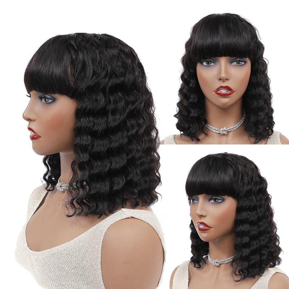Deep Wave Bob Full Machine Made No Lace With Bangs For Women