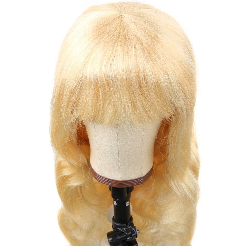613 Blonde Body Wave Full Machine Made None Lace Front Wigs With Bangs For Women 12-24 Inches