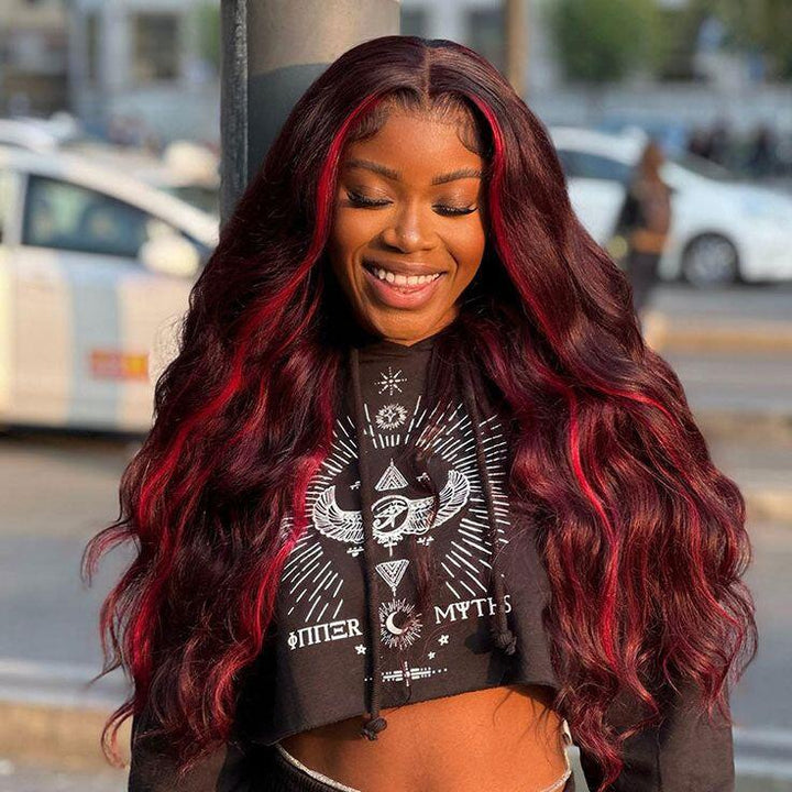 1B/Red Highlight Body Wave Lace Frontal Perruques de Cheveux Humains 