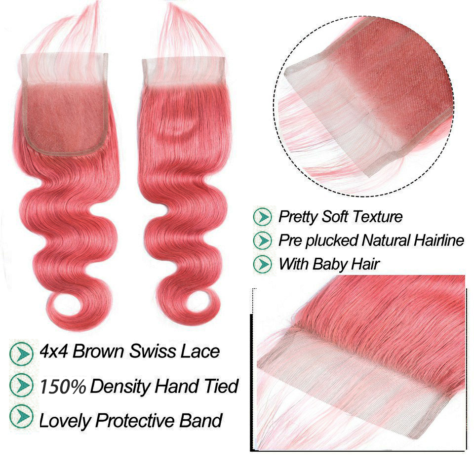 Cor rosa claro onda corporal 3 pacotes com extensões de cabelo humano 4x4 HD com fechamento em renda 