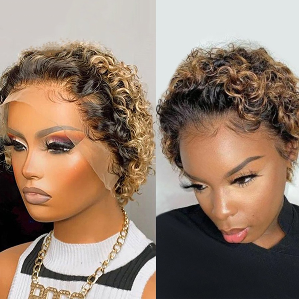 Ombre 1B/27 Short Curly bob Pixie Cut 13×1 Lace Frontal 150% Density Wig