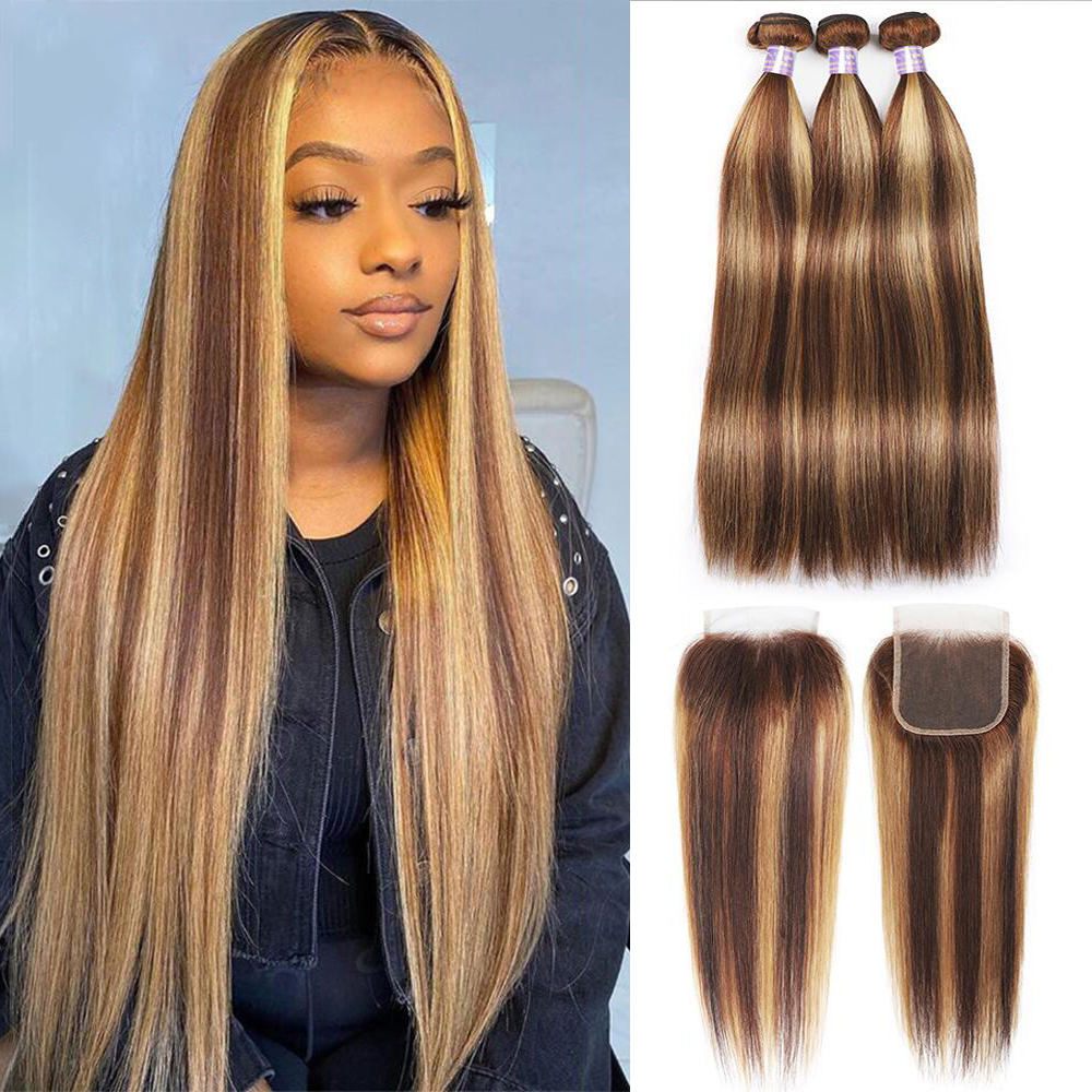 Highlight P4/27 Straight 3 Bundles with 4x4 Lace Closure Human Hair