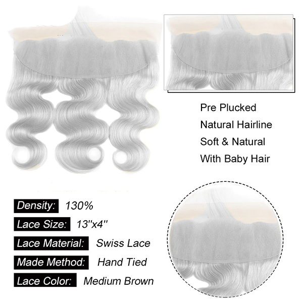 Cinza prateado onda corporal 4 pacotes com trama de cabelo humano brasileiro frontal 13x4 