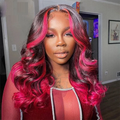 Black With Pink Highlight Stripes Body Wave Lace Front Wig 100% Real Human Hair