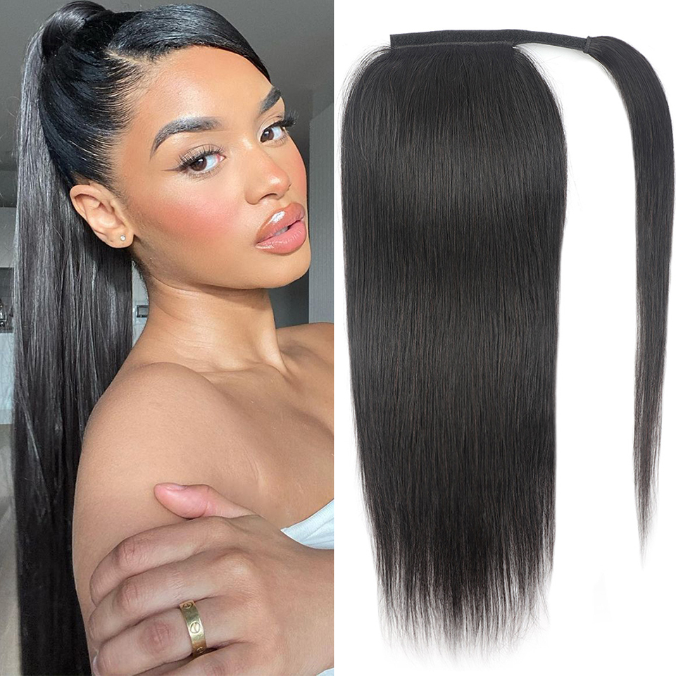 Straight Wrap Around Ponytail Human Hair Extensions Natural Color Hairpiece