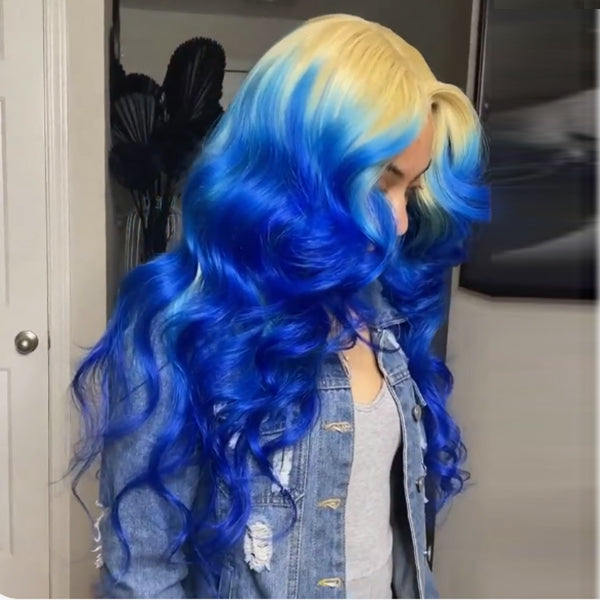 613 &amp; Blue Ombre Color Body Wave 13X4 / 4X4 Lace Front Wig Pour Femme 