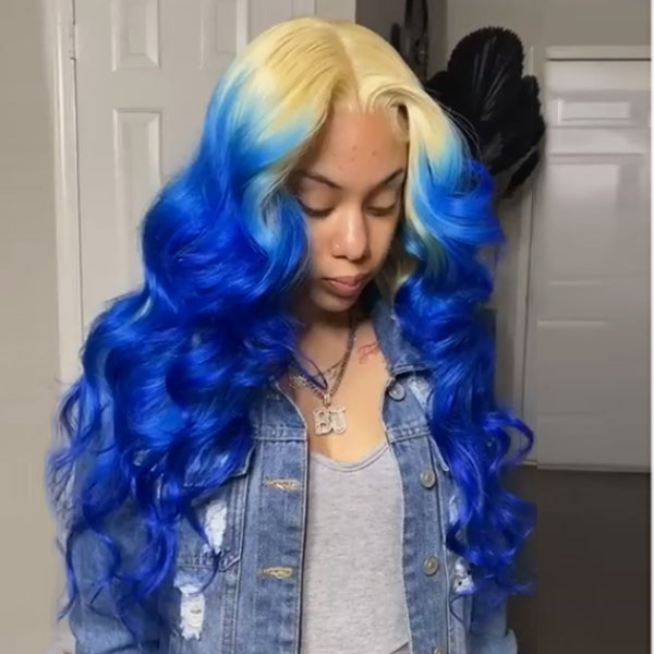 613 &amp; Blue Ombre Color Body Wave 13X4 / 4X4 Lace Front Wig Pour Femme 
