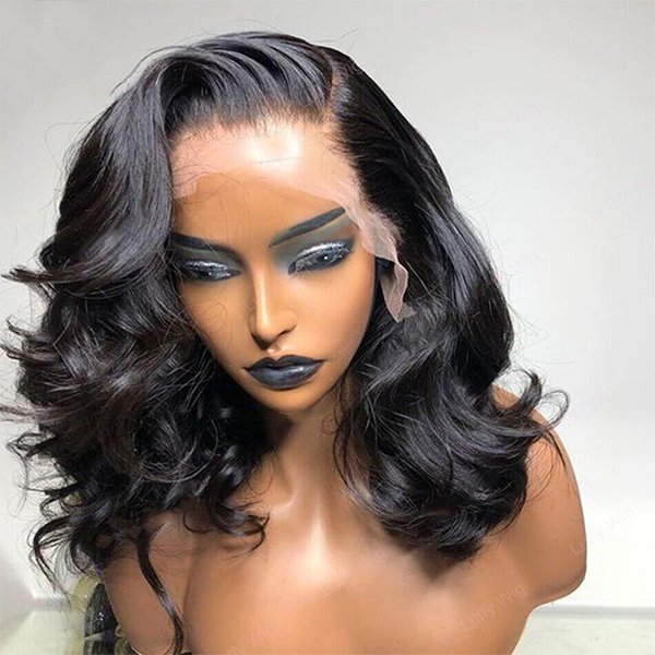 Perucas de cabelo humano para mulheres Wear &amp; Go Natural Black Wave Curto Bob sem cola Frente de Renda 