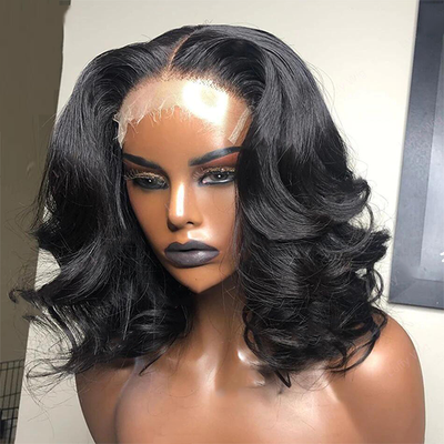 Natural Black Body Wave Short Bob Glueless Lace Front Human Hair Wigs For Women
