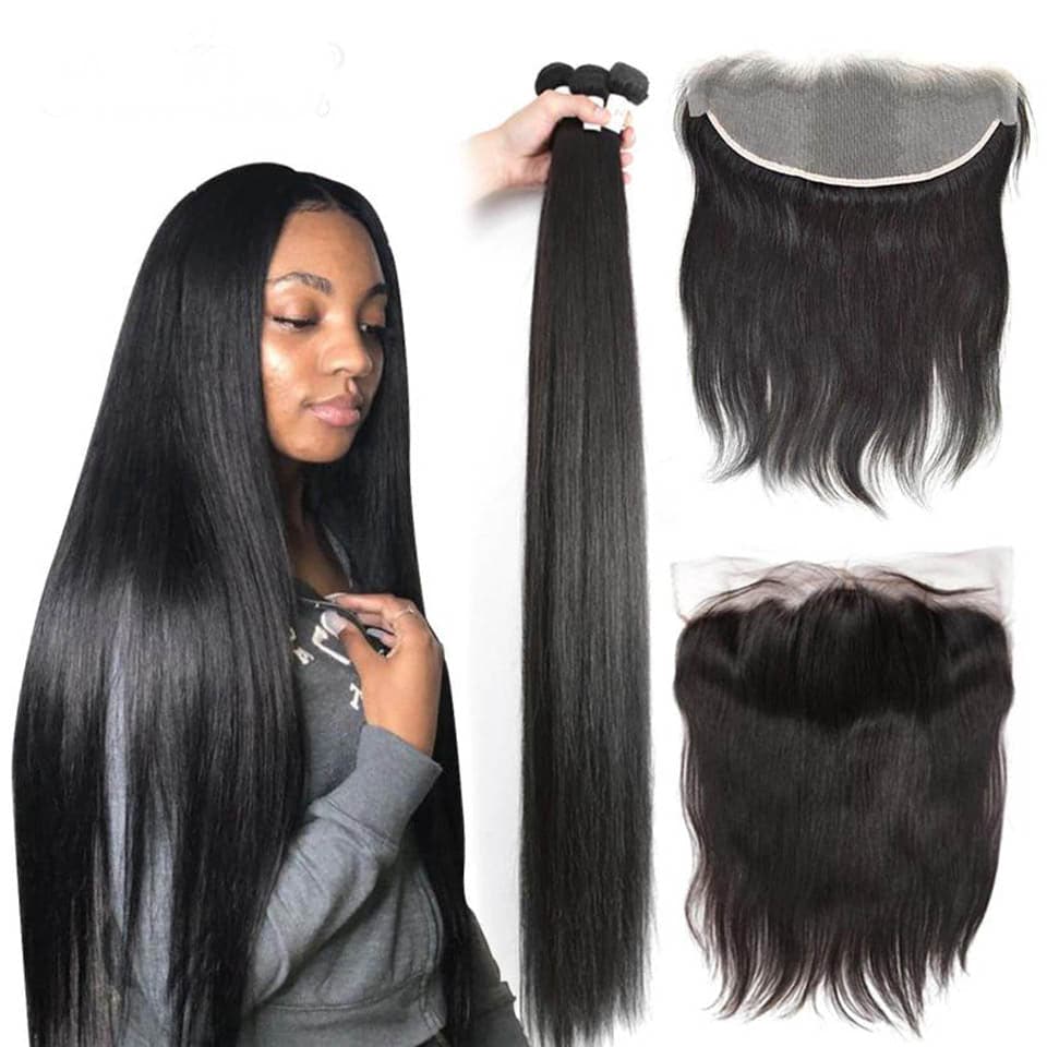 Straight 3 Bundles With 13X4 Frontal Transparent Lace Frontal Brazilian Hair
