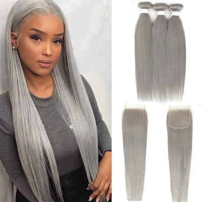 Silver Grey Straight 3 Bundles With 4x4 Closure 100% Remy Human Hair