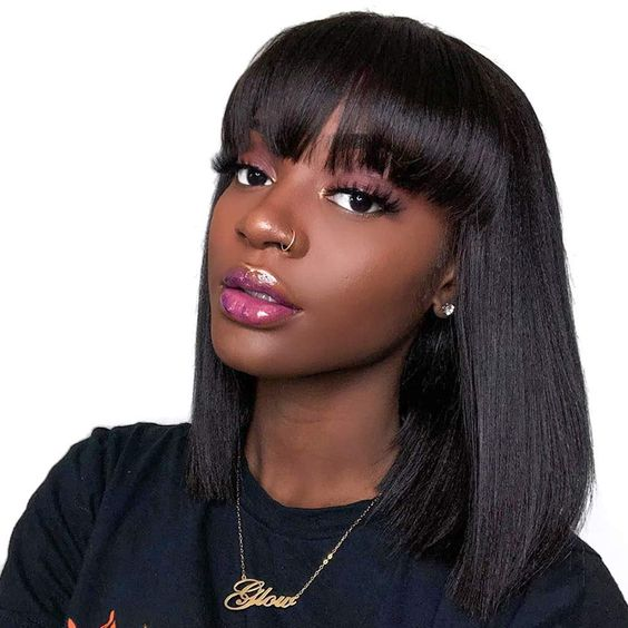 14 Inch Short Straight Bob Wig Full Machine Made None Lace Wigs With Bang