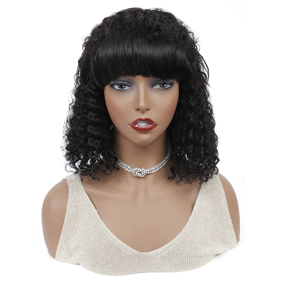 Kinky Curly Bob Full Machine Made None Lace Human Hair Wigs With Bangs
