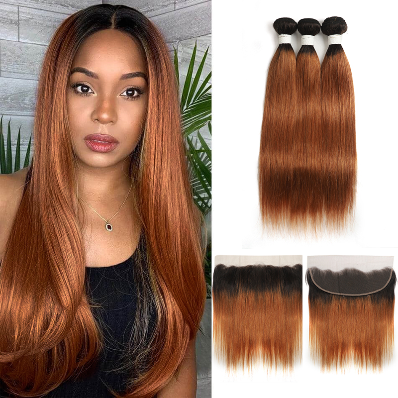 1B/30 Ombre Straight Hair 3 Bundles With 13x4 Lace Frontal Pre Colored