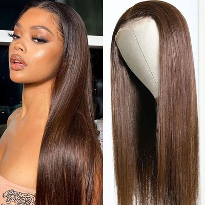 Hot Chestnut Brown 4x4 / 13x4 Lace Front Straight Perruques de cheveux humains pré colorés Perruque de cheveux brésiliens 