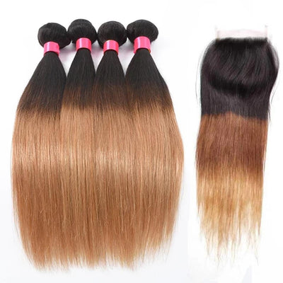 Indian Ombre 1b/4/27 Straight 4 Bundles with 4X4 lace Closure Human Hair - Lumiere hair