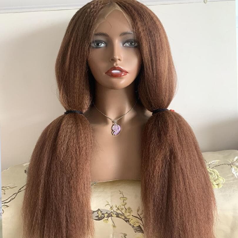 #4 Brown Kinky Straight Glueless Lace Frontal / Closure Human Hair Wigs Ready to Wear For Black Women
