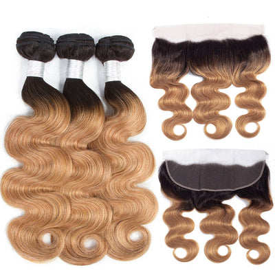 lumiere 1B/27 Ombre Body Wave 3 Bundles With 13x4 Lace Frontal Pre Colored Ear To Ear