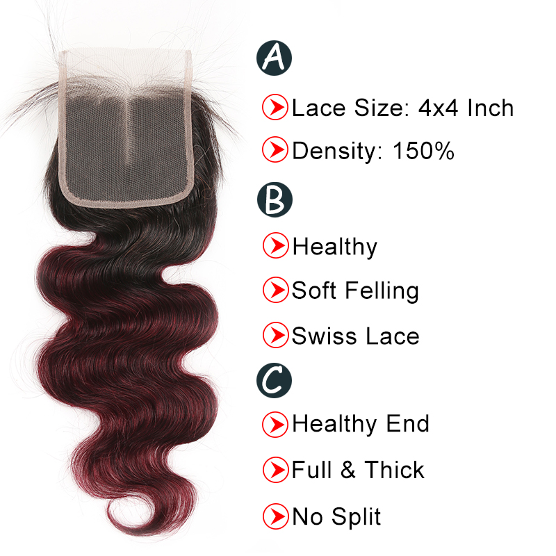 Ombre 1B/99J Body Wave 3 Bundles With Closure 4x4 pre Colored 100% virgin human hair - Lumiere hair