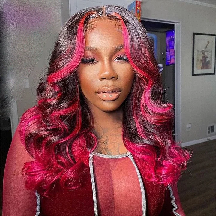 Black With Pink Highlight Stripes Body Wave Lace Front Wig 100% Real Human Hair