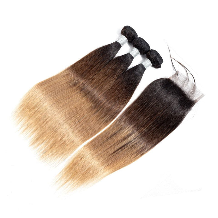 Lumiere hair Ombre 1B/27 Straight Hair 3 Bundles With Closure 4x4 pre-Colored 100% virgin human hair - Lumiere hair
