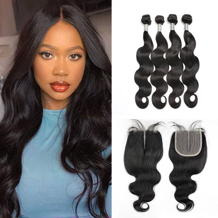28 30 40 Inch Body Wave Hair 4 Bundles With 4x4 Lace Closure Remy Brazilian 100% Human Hair Weave
