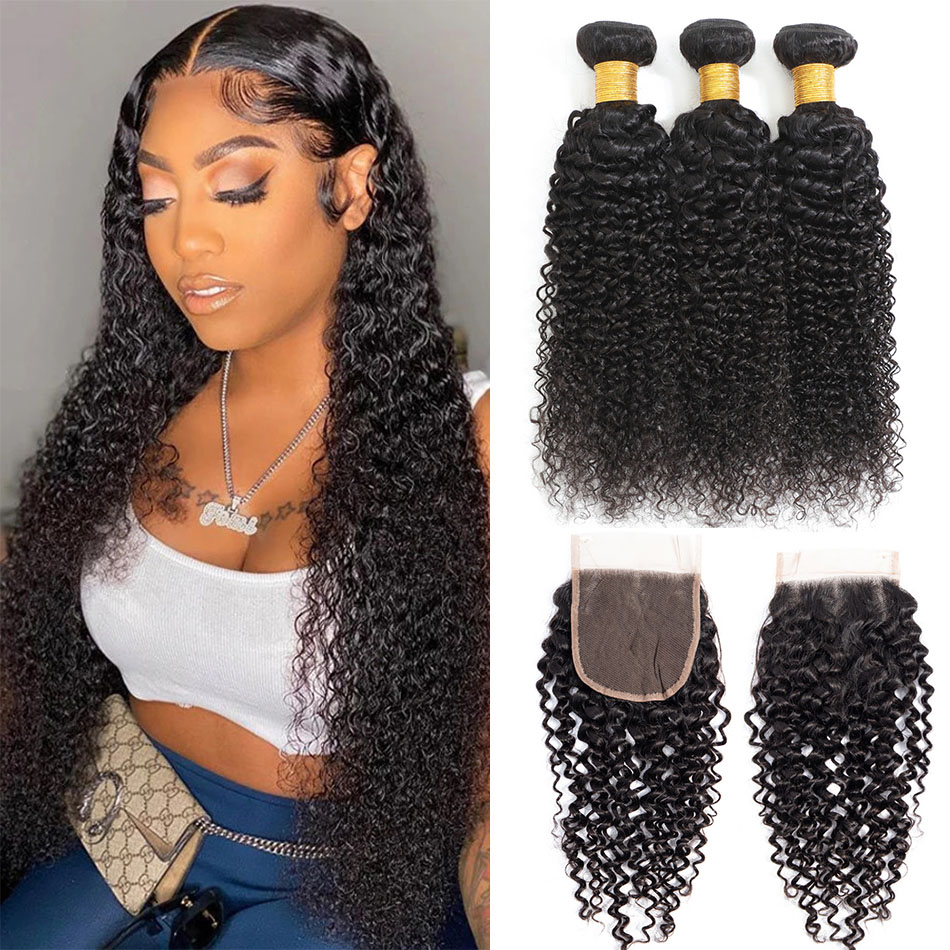 Kinky Curly 3 Bundles With Closure 5x5 lace 100% virgin human hair