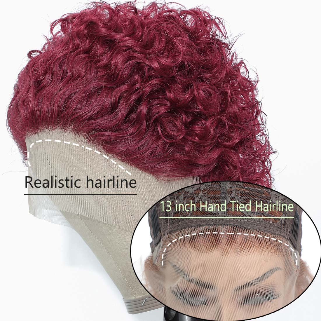 #99J Short Curly bob Pixie Cut 13×1 Lace Frontal Virgin Brazilian Human Hair 150% Glueless with Baby Hair Pre Plucked Wig