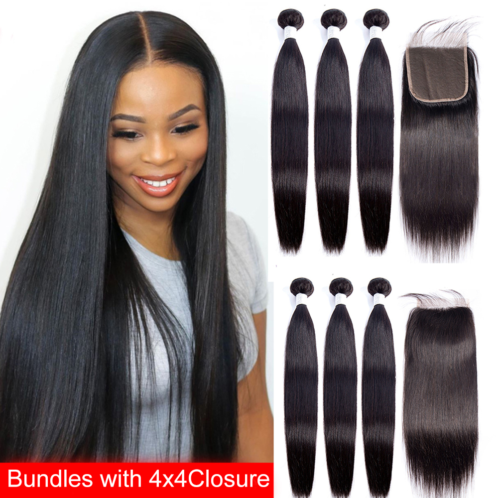 Straight 3 Bundles Avec 4 * 4 Dentelle Fermeture Remy Brésilien 100% Cheveux Humains