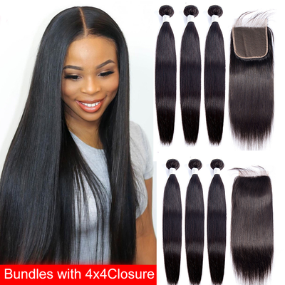 Straight 3 Bundles With 4*4 Lace Closure Remy Brazilian 100% Human Hair
