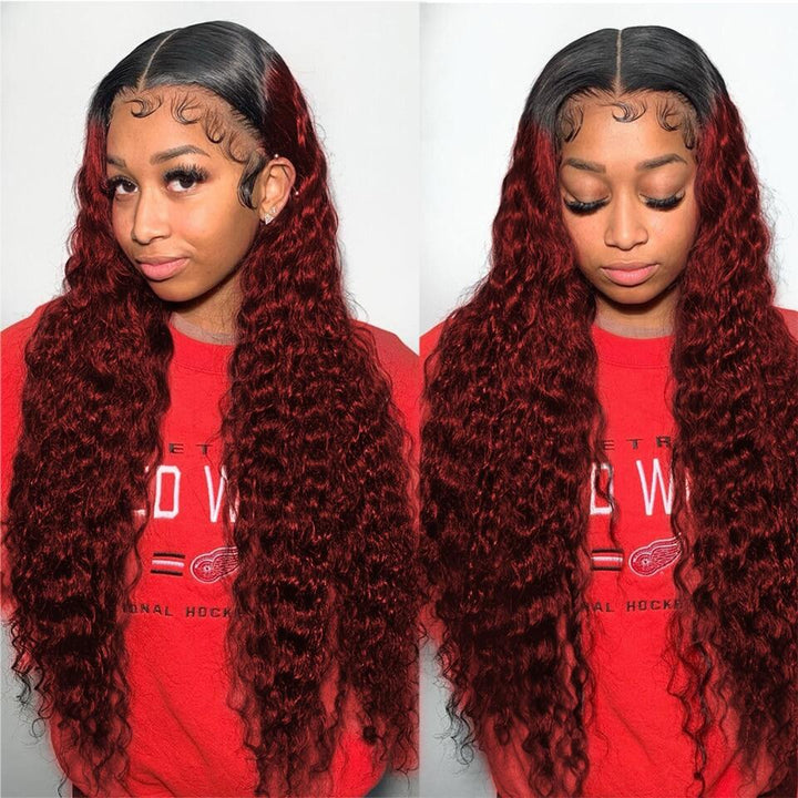13x4 Lace Frontal Wig Deep Wave Human Hair Ombre 1B/burg Wine Red Colored 180% Density Wig For Women