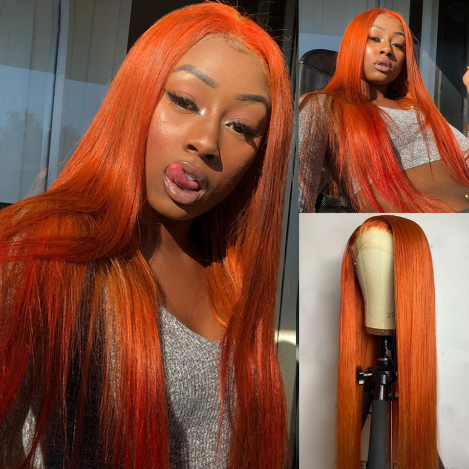 Orange Straight Lace Front / Lace Closure Human Hair Wigs With Baby Hair for Women